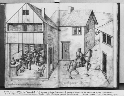Silver Mine of La Croix-aux-Mines, Lorraine, weighing and stamping the Silver Ingots, a Messenger Carrying the Ingots, c.1530 by Heinrich Gross or Groff